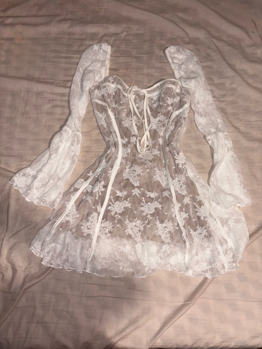 Sheer White Lace Corset Dress with Bell Sleeves